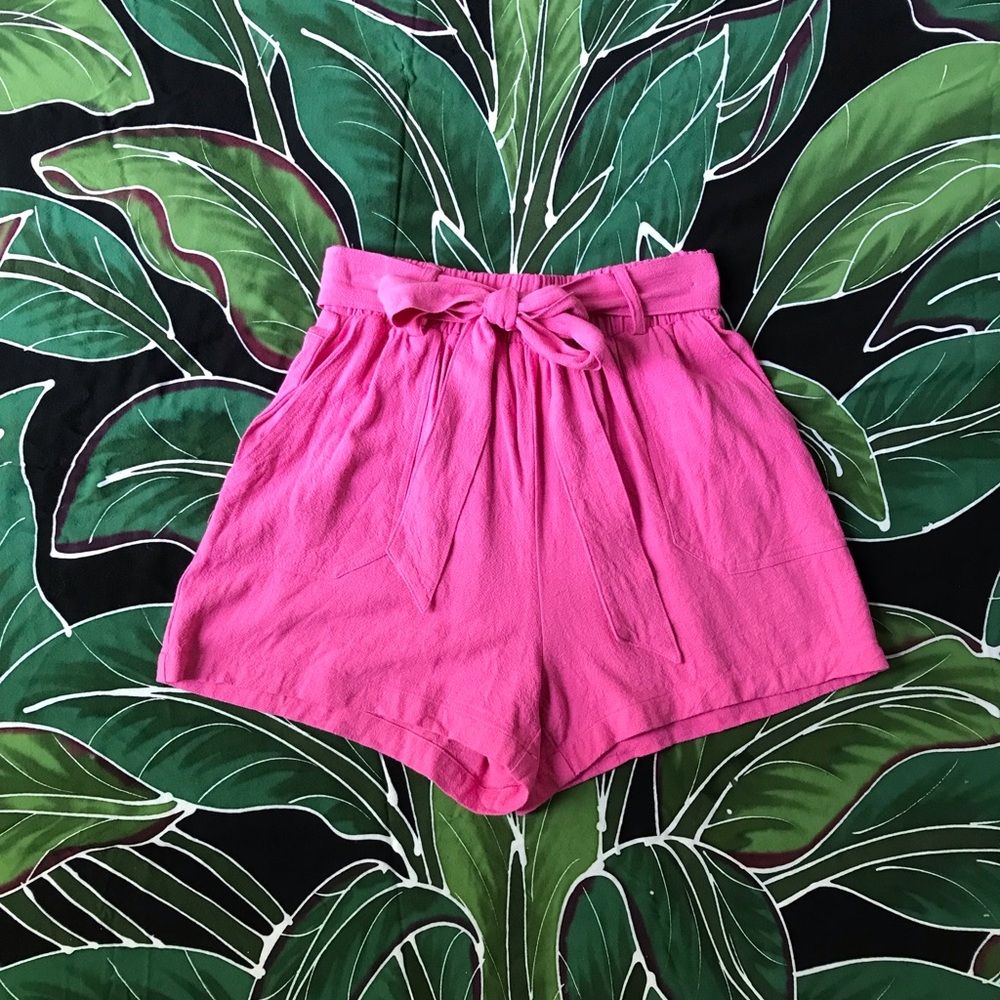 Hot Pink Linen Blend High-Waisted Shorts with Fabric Belt / Tie Front - S